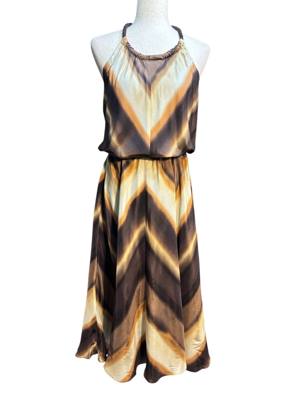 Banana Republic 100% Silk Halter Maxi Dress Chevron Brown Gold Size 10